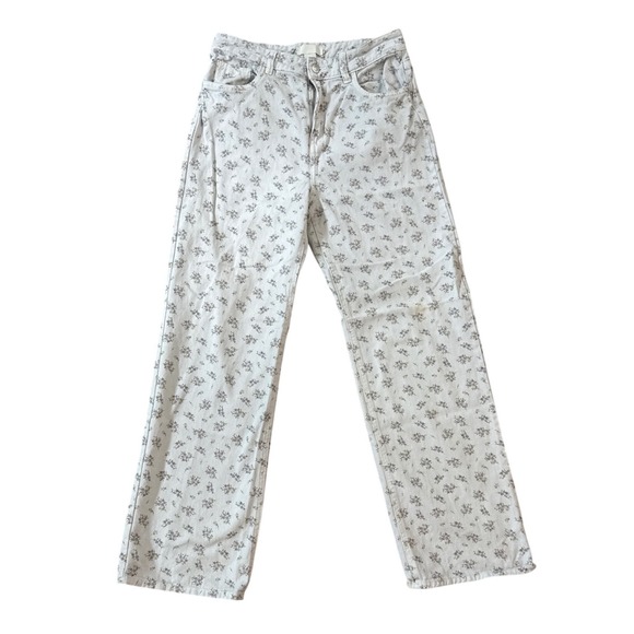H M Floral Print Wide Leg Jeans Womens US 6 Light Wash Denim Pants - Picture 2 of 6